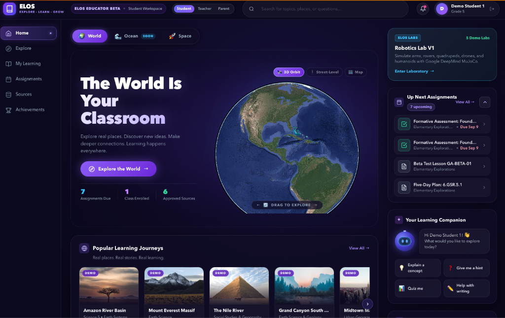 ELOS Student Workspace - The World Is Your Classroom interactive 3D Orbit, learning companion, and assignments