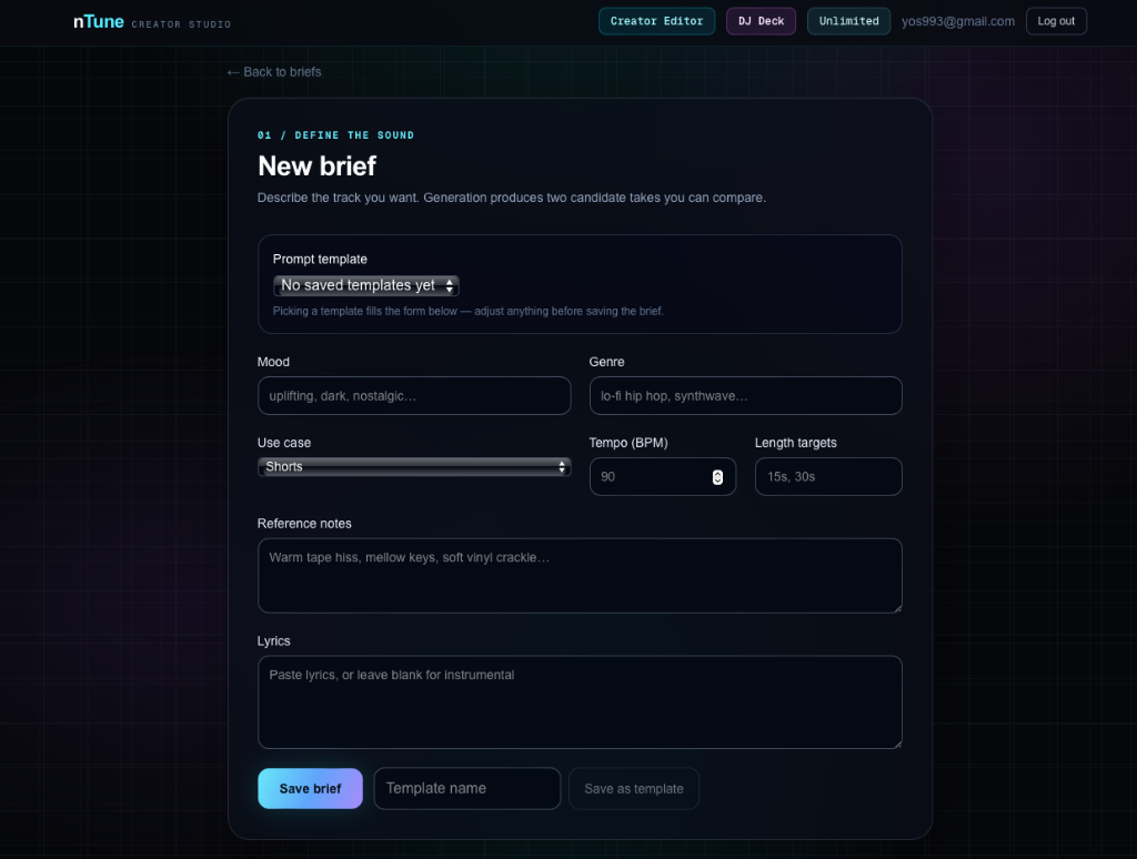 nTune Creator Studio Brief Generator - Define sound, tempo, and mood