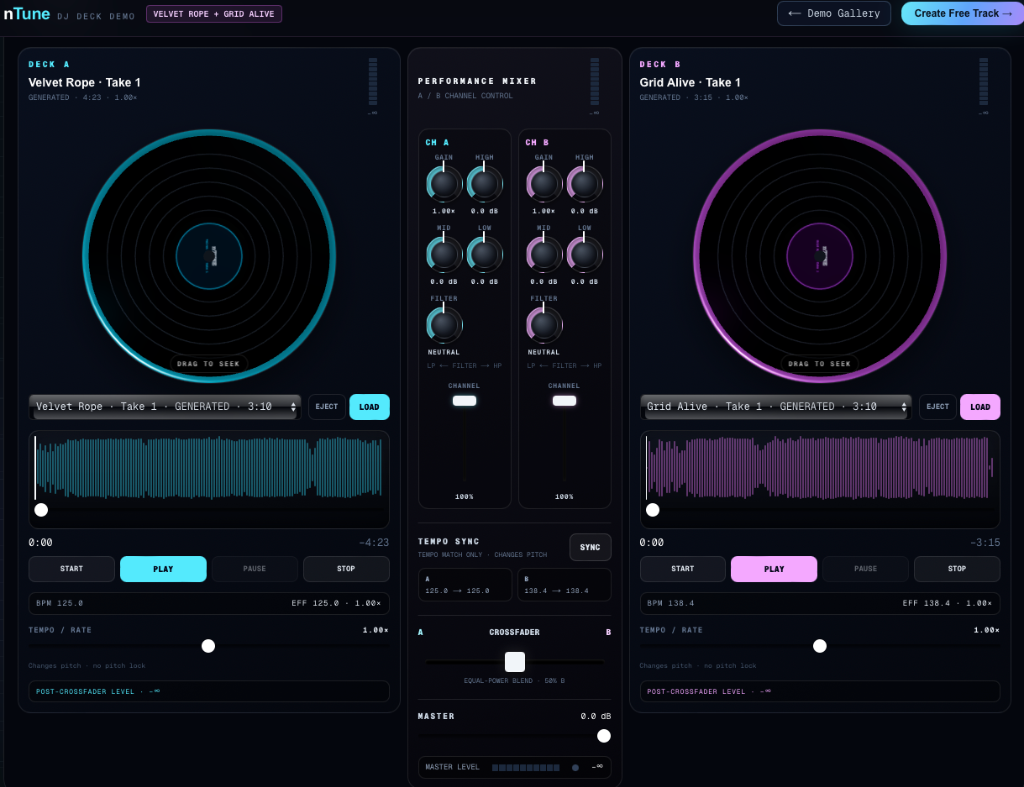 nTune DJ Deck Demo - Dual turntable performance mixer and tempo sync