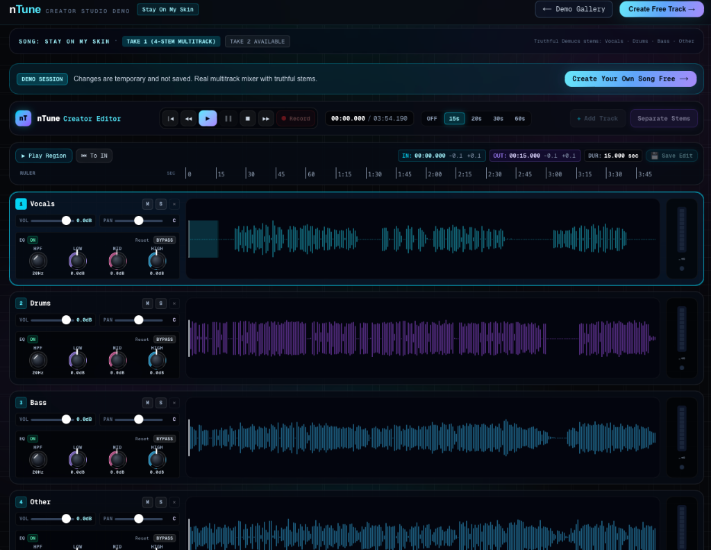nTune Creator Studio Multitrack Editor - 4-stem multitrack waveform mixer